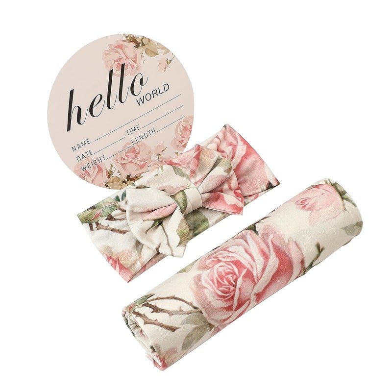Galabloomer Newborn Receiving Blanket Headband Set Baby Flower Swaddle (vintage flower) - Image 4